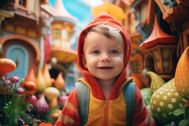 Photo a little boy smiling surprised in a fantasy world with colorful houses