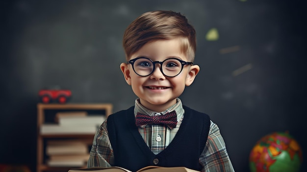 Little boy smiling while standing against a school blackboardCreated with Generative AI technology