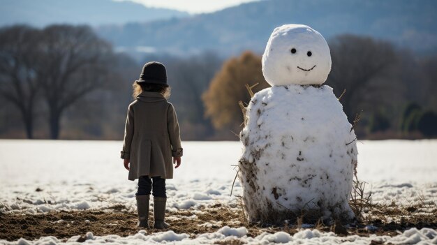 Little boy in the snow next to his snowman he made snowy