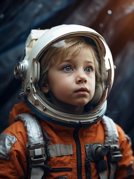 a little boy in a space suit looking up