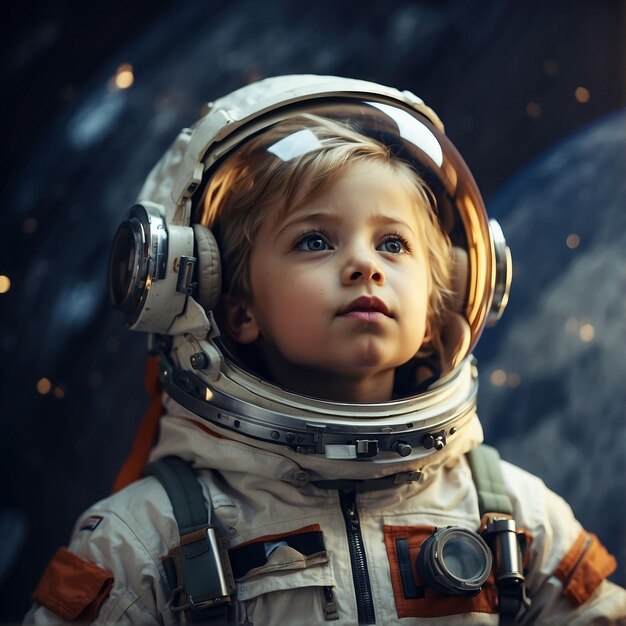 a little boy in a space suit looking up