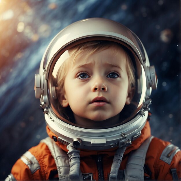 a little boy in a space suit looking up