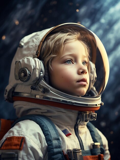 a little boy in a space suit looking up