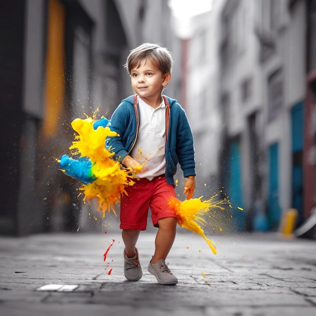 Little boy stained in paint draws