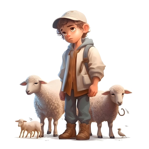 Little boy standing next to a flock of sheep 3d rendering