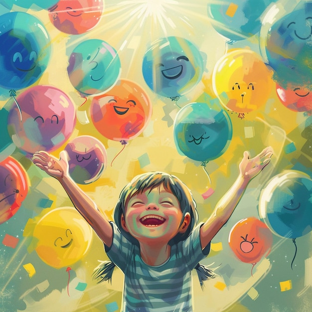 Маленький мальчик стоит перед воздушными шарами в Международный день счастья
