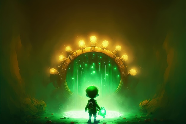 Little boy standing in front of the keyhole with the green light and many keys floating around him digital art style illustration painting fantasy concept of a boy near the keyhole