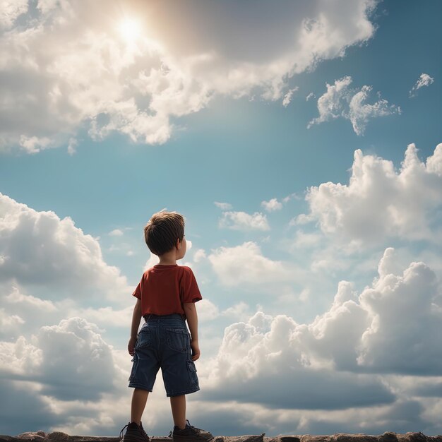 little boy standing on the hillboy in a white t shirt stands in the middle of the clouds and looks