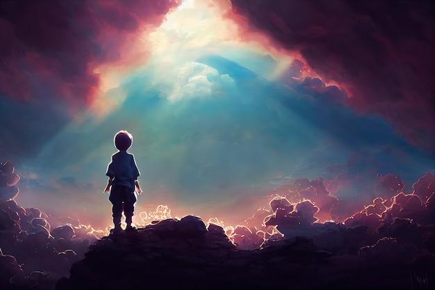 Маленький мальчик стоит на скалистом уступе и смотрит в небо с пушистыми облаками на закате 3d иллюстрация