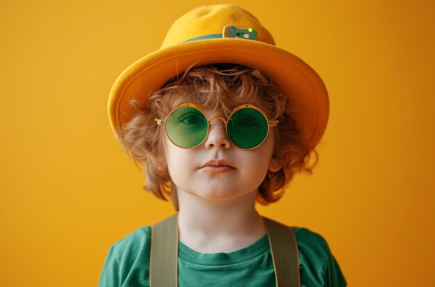 a little boy stands on a yellow background wearing a leprechaun hat leprechaun