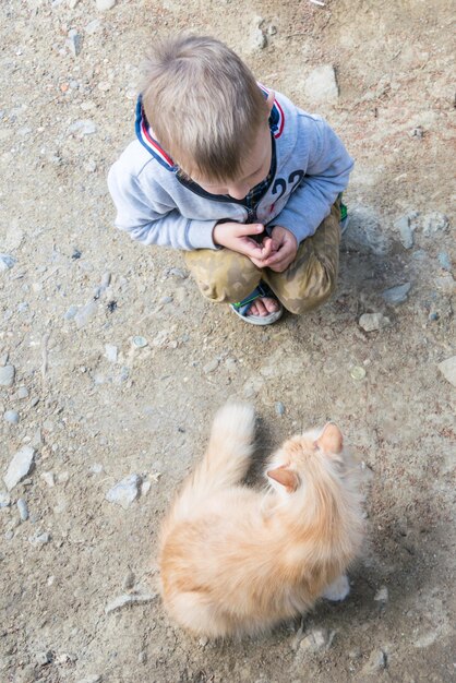 A little boy on the street is feeding a street red cat