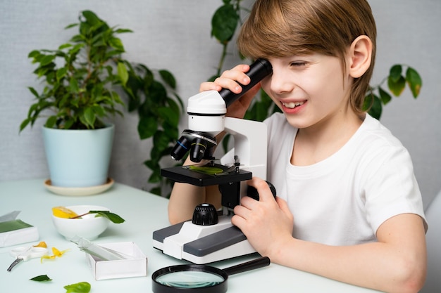 A little boy studies plants in a microscope and smile back to school schoolboy ecology earth day