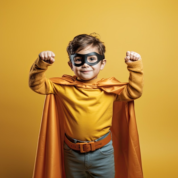 Маленький мальчик в костюме супергероя с желтой накидкой наслаждается детским днем