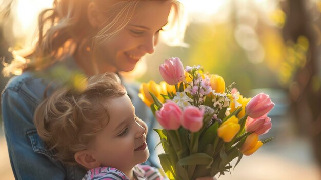 Little boy surprising mom with flowers Mothers Day concept