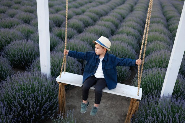 Little boy swinging in a lavender field