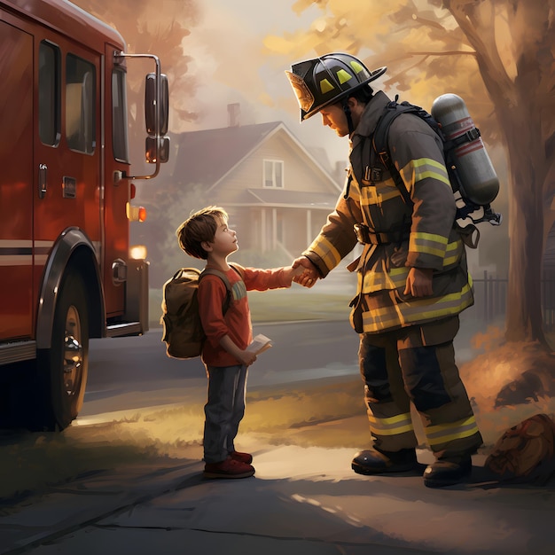 a little boy thanking a firefighter for saving him from the fire in paint
