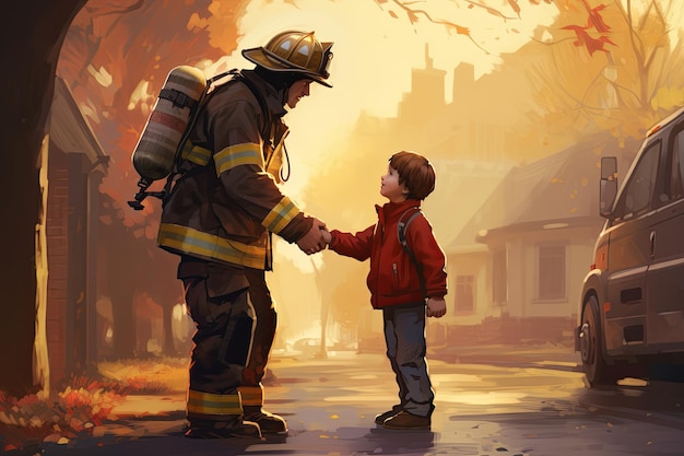 Little boy thanking a firefighter for saving him painting