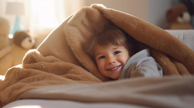 a little boy that is under a blanket