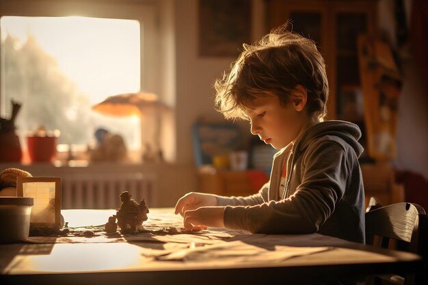 Photo a little boy that is sitting at a table generative ai