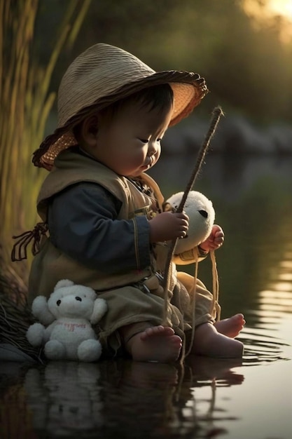 Little boy that is sitting in the water with a teddy bear generative ai