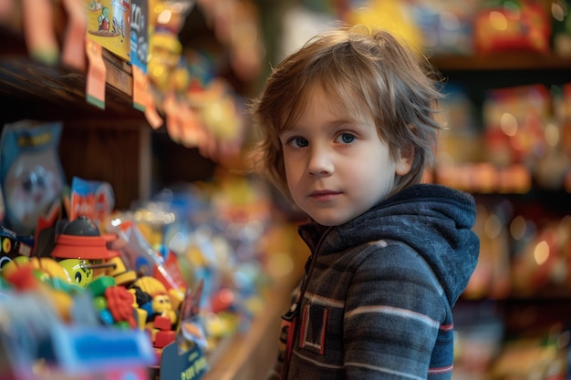 Маленький мальчик в магазине игрушек