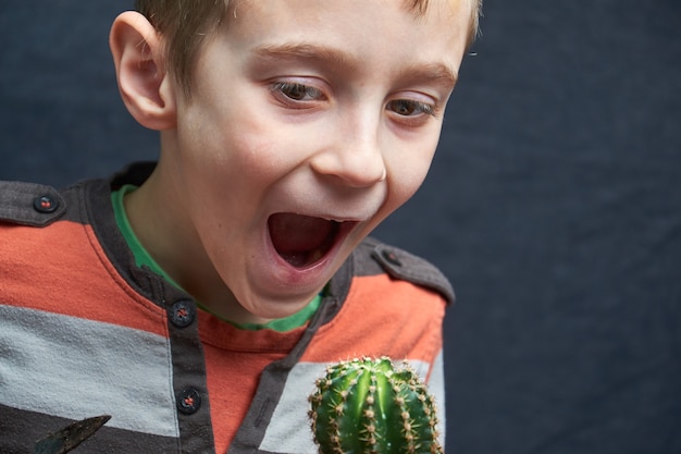 Il ragazzino prova a mangiare il suo cactus della pianta d'appartamento