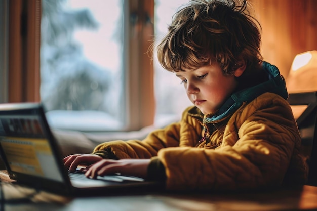 Photo a little boy typing on a laptop sitting at desk