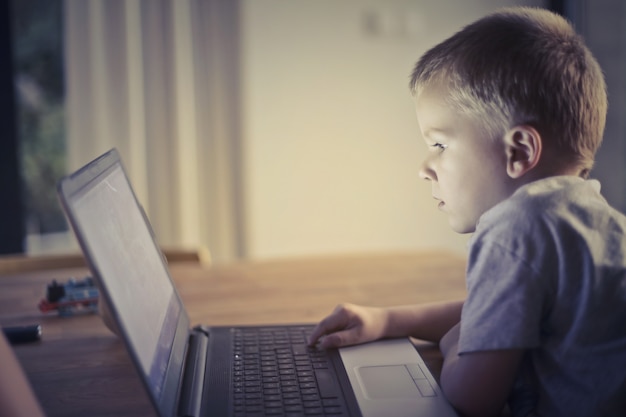 Photo little boy using a laptop