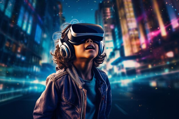 Little boy in virtual reality in night city