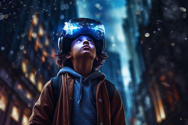 Photo little boy in virtual reality in night city