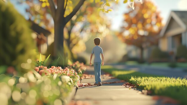 Photo little boy walking away from the camera on a sunny day in the suburbs