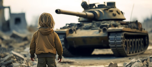 little boy walking in war zone AI generated image