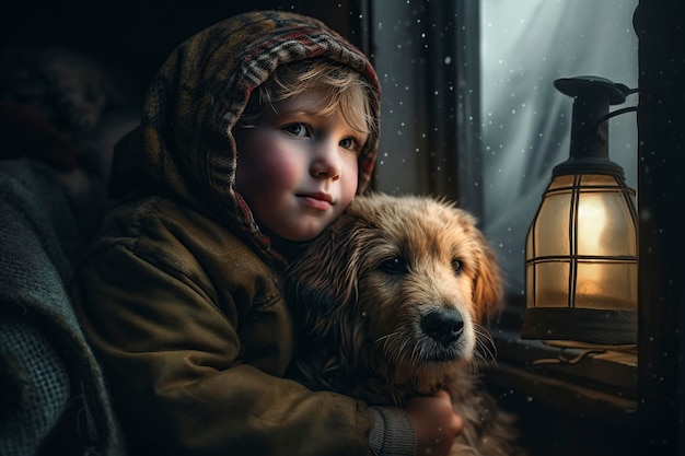 little boy in warm clothes sitting inside his house