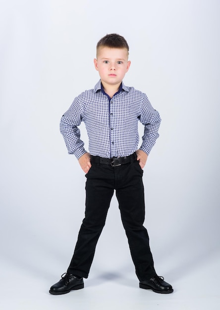 Little boy wear formal clothes Cute boy serious event outfit Impeccable style Happy childhood Kids fashion Small businessman Business school Confident boy Upbringing and development