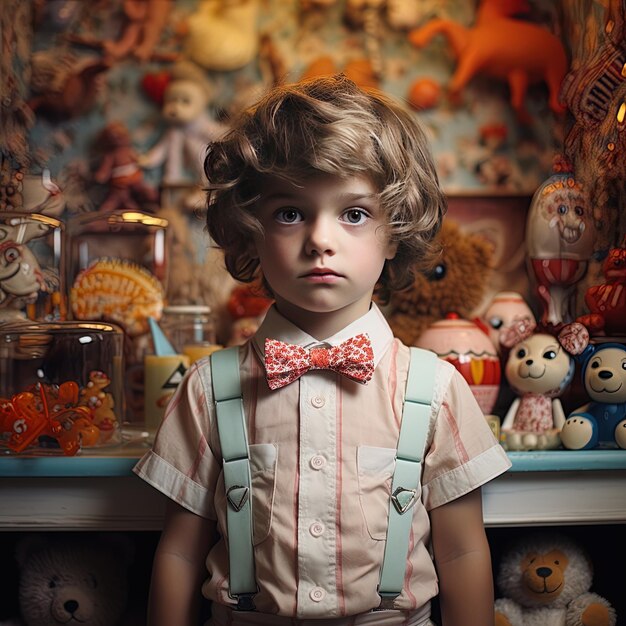 a little boy wearing a bow tie stands in front of a display of stuffed animals