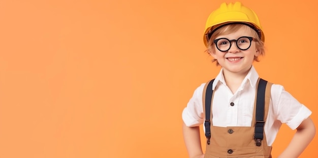 エンジニアの服を着て安全ヘルメットをかぶった小さな男の子がオレンジ色の背景の前に立っています