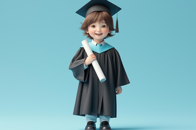 パステル色の背景に卒業式のドレスを着た小さな男の子