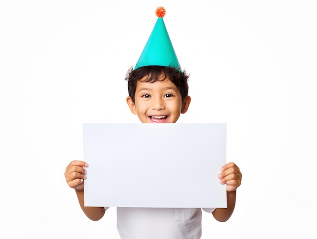 little boy wearing party hat for new year carrying blank canvas on isolated white background