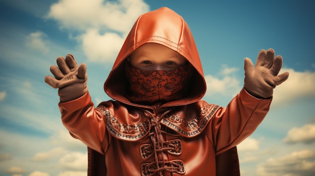 Little boy wearing a superhero cape and mask