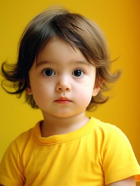 Photo a little boy wearing a yellow shirt that says  the word  on it