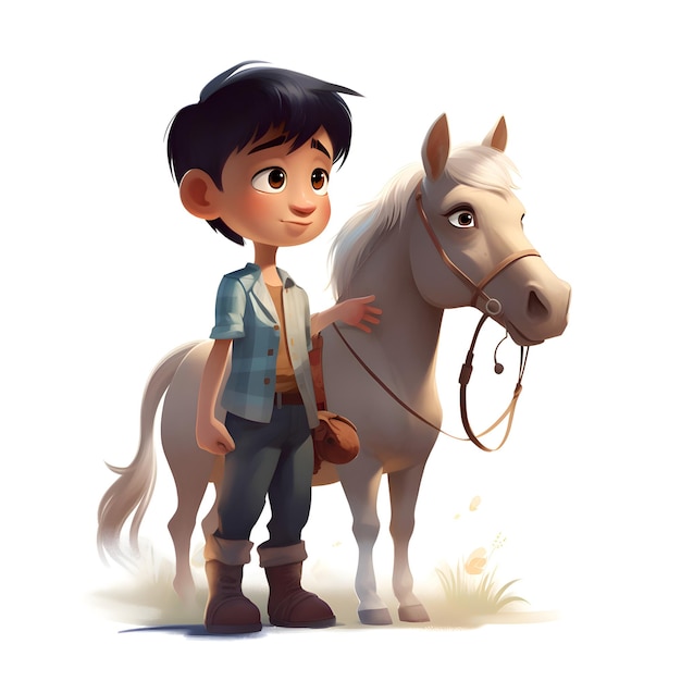 Little boy and white horse on a white background Vector illustration