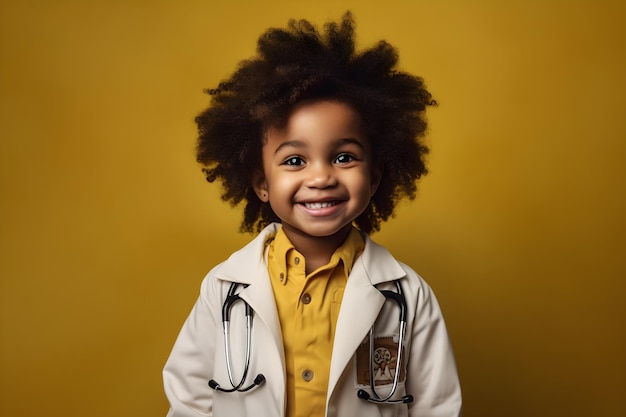 A little boy in a white lab coat with a stethoscope on his chest stands