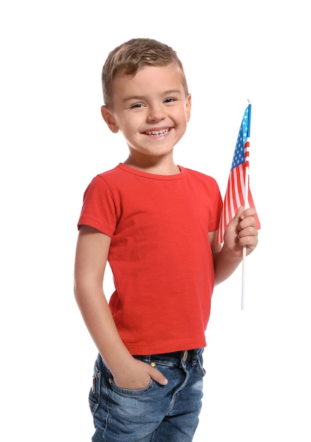 Little boy with American flag on white background