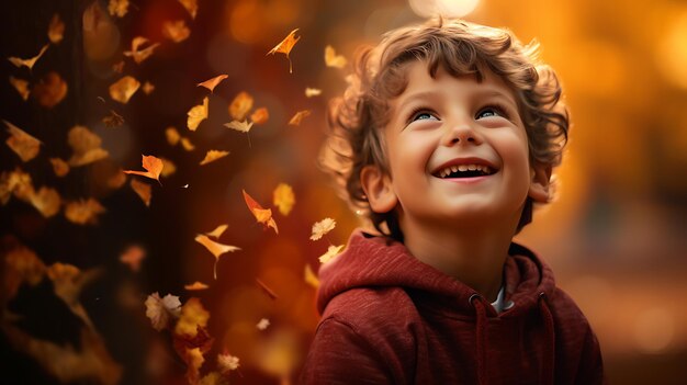 a little boy with an autumn background