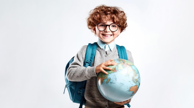 Little boy with backpack and globus looking at camera on white background Back to school