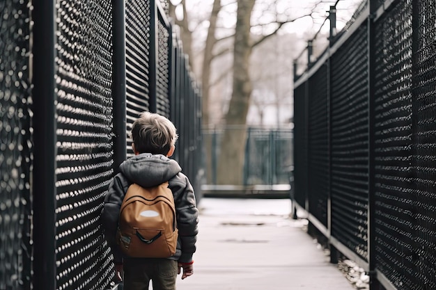 a little boy with a backpack walking down the street in front of a row of black metal fences on a cold winter day