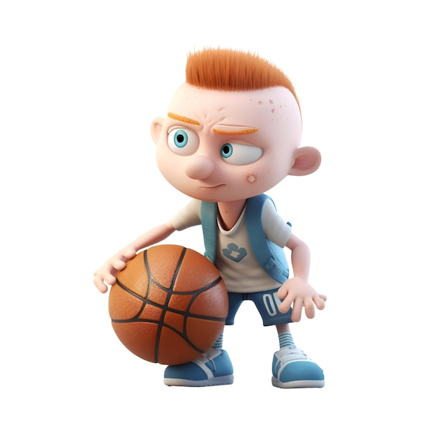 Little boy with a basketball on a white background 3d rendering