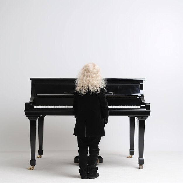 Little boy with blond hair in ancient medieval black clothes stay before harpsichord piano Mozart