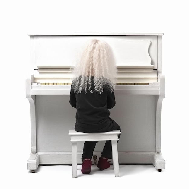 Little boy with blond hair in ancient medieval black clothes stay before the harpsichord piano