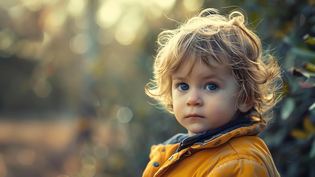 Little boy with blond hair and blue eyes wearing a yellow jacket looking at the camera with a curious expression on his face